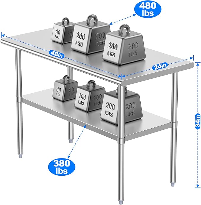 Atronor Stainless Steel Table for Prep & Work, 24x48 Inches, NSF Metal Commercial Heavy Duty Table with Adjustable Under Shelf and Foot for Restaurant, Home and Hotel