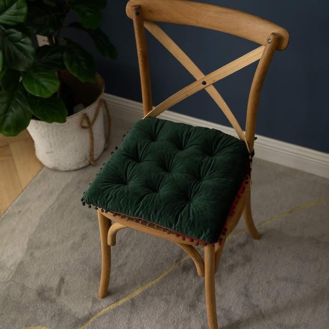 vctops Velvet Soft Square Chair Pad with Ties Cute Gradient Pom Pom Indoor Dining Chairs Cushion (Dark Green, 16" x 16")