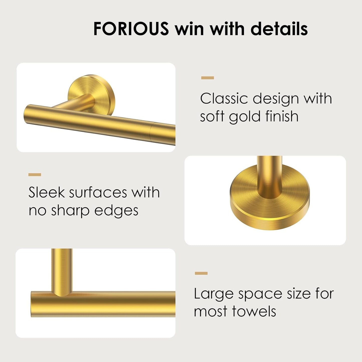 FORIOUS Towel Bar Wall Mounted, Stainless Steel Towel Racks for Bathroom, Includes Wall Mounting Hardware (Brushed Gold, 32 Inch)