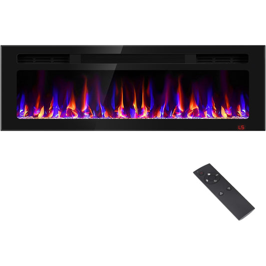 50 Inch Electric Fireplace Recessed and Wall Mounted, Fireplace Heater and Linear Fireplace, Ultra-Thin Electric Fireplace, Low Noise, with Timer, Remote Control, Adjustable 12 Flame Color, 750/1500W