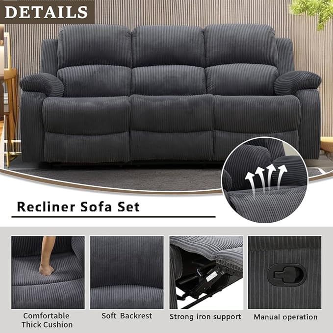 A Ainehome Living Room Furniture Set Recliner Sofa Set Loveseat Chair Furniture Sofa Set Grey Corduroy for Living Room/Rv/House/Theater Seating (A-Dark Grey Corduroy, Sofa(3seater))