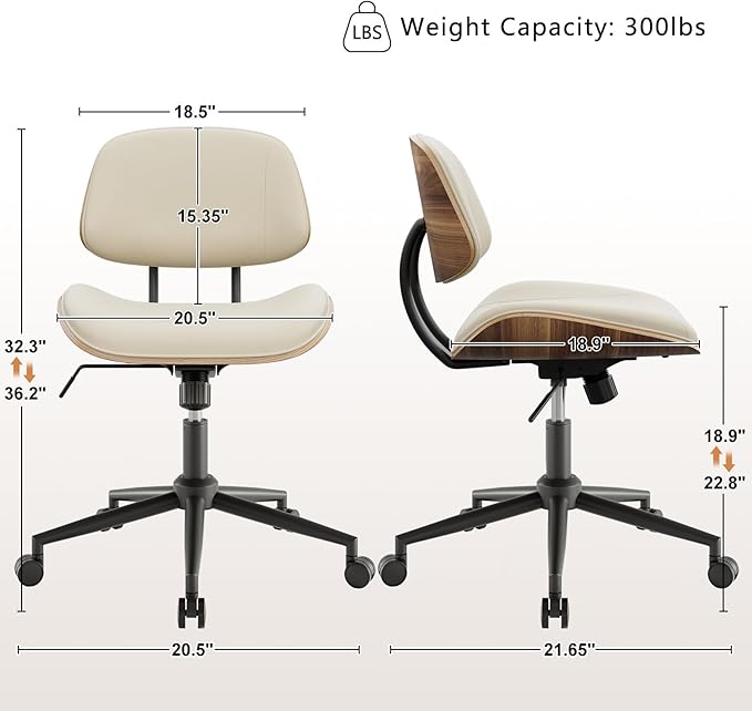 BERYTH Armless Office Chair with Wheels, PU Leather Adjustable Height Desk Chair - 360° Swivel Ergonomic Computer Chair for Small Space, Modern Walnut Style, Home & Meeting Room, Beige