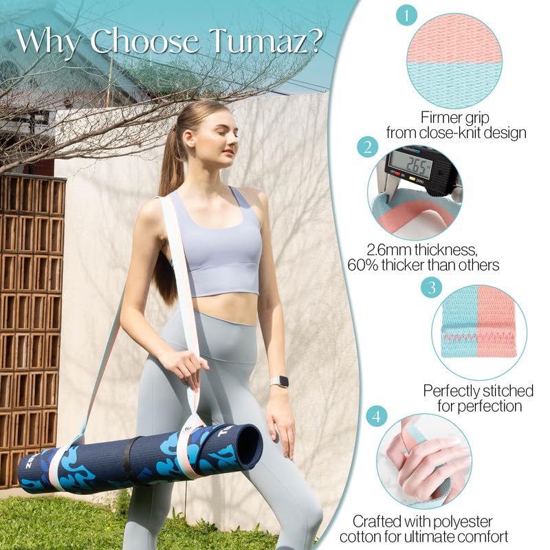 Tumaz Yoga Mat Strap [MAT NOT Included] (2 Sizes) with Extra Thick & Comfy Delicate Texture, Adjustable Yoga Mat Carrier