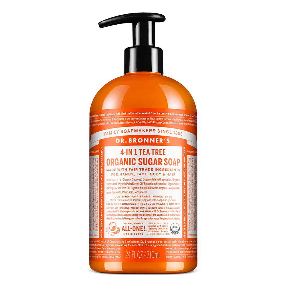 Dr. Bronner's - Organic Sugar Soap (Tea Tree, 24 Ounce) - Made with Organic Oils, Sugar and Shikakai Powder, 4-in-1 Uses: Hands,