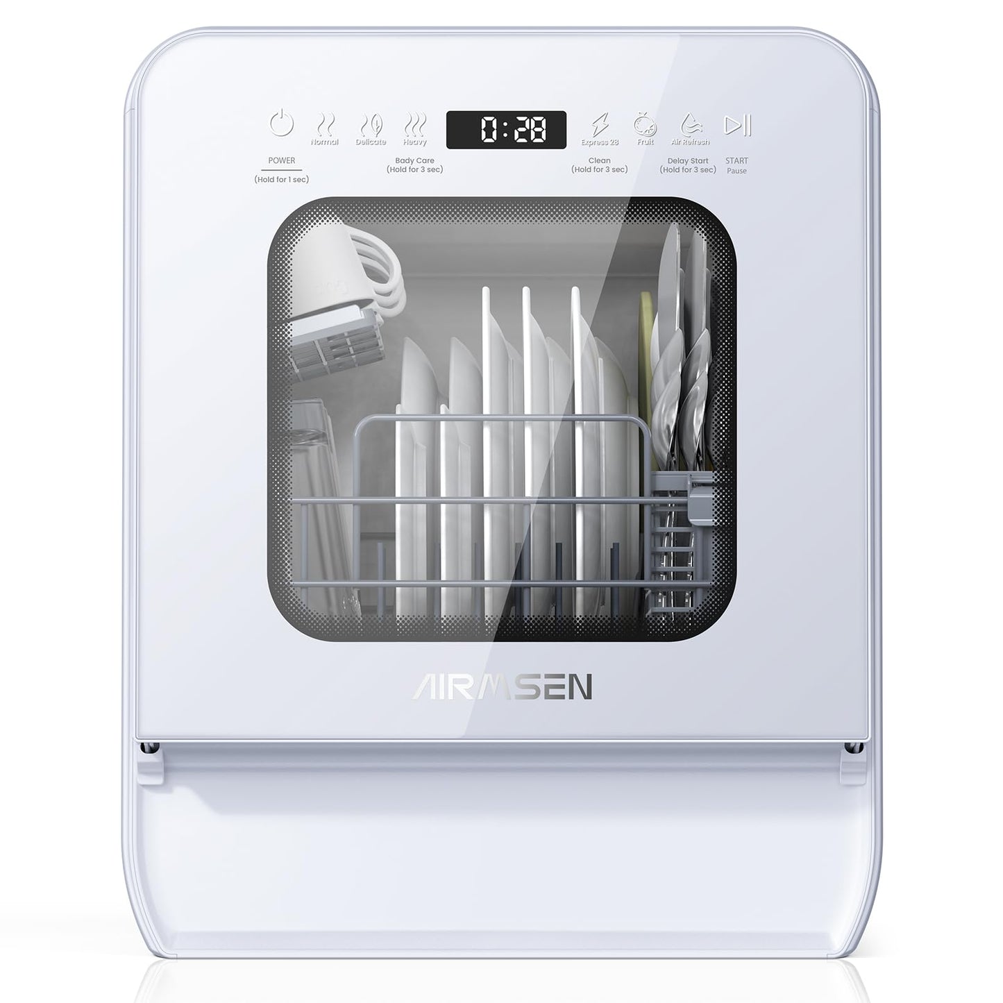 AIRMSEN Portable Countertop Dishwasher with 5L Water Tank, Mini Dishwasher with 14.6” Narrow & 20.1“ Deep Design, 9 Programs, 24H Delay Start & 360° Dual Spray, No Hookup Needed, C01, White