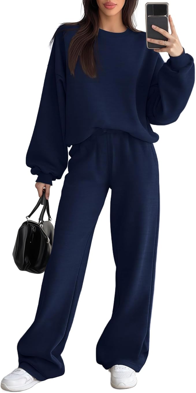 Sweetyweee Women's 2 Piece Outfits Set Fleece Lined Lounge Sweatsuit Crewneck Pullover Top Wide Leg Pants Casual Tracksuit
