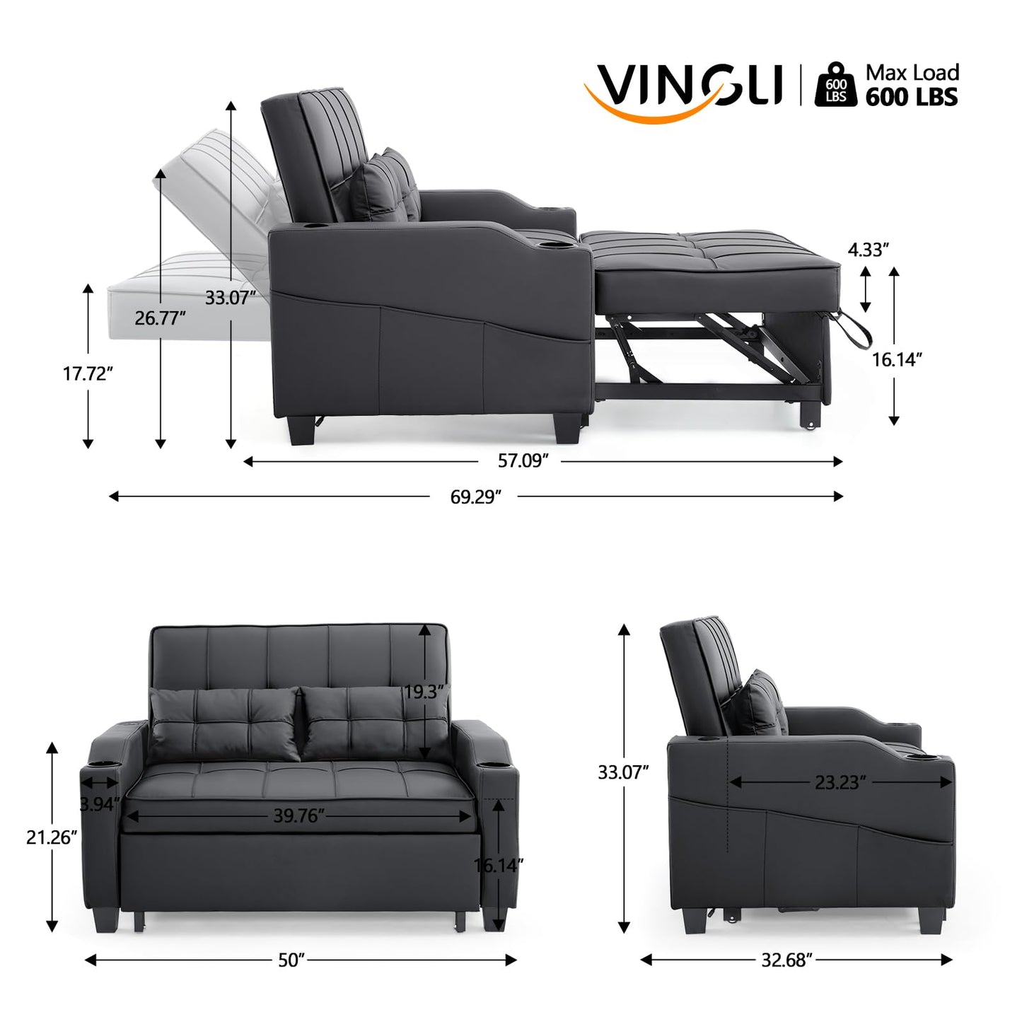 VINGLI Convertible Loveseat Sleeper, Black Faux Leather Futon Sofa Bed Pullout Couch Bed with USB Ports, Cup Holders, Armrest for Living Room, Bedroom, Home Office Apartment