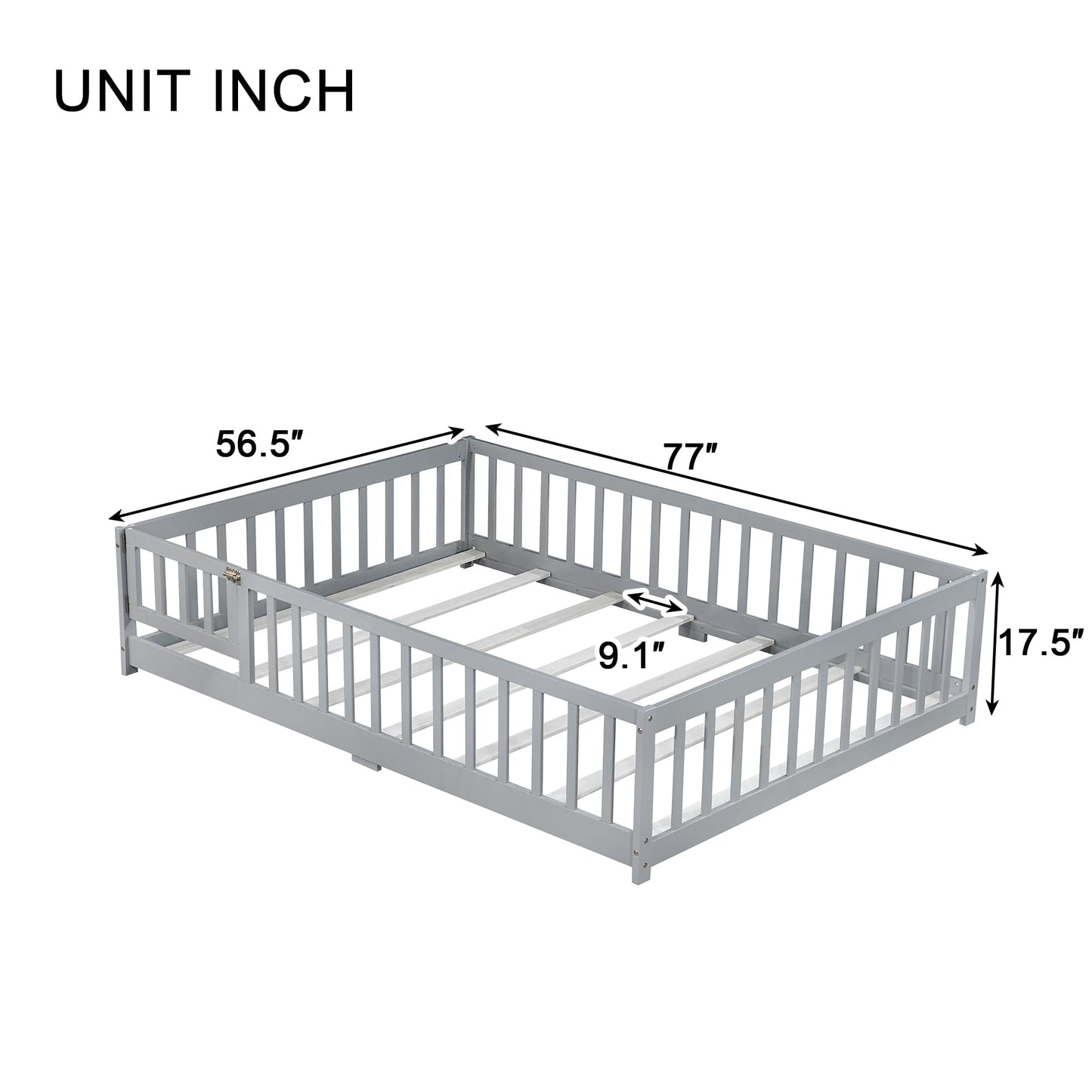 Aurnienofus Full Size Floor Bed Frame with Door and Fence,Montessori Floor Bed with Slats and Safety Guardrails for Girls Boys, Sturdy Wood Montessori Bed Frame, Grey