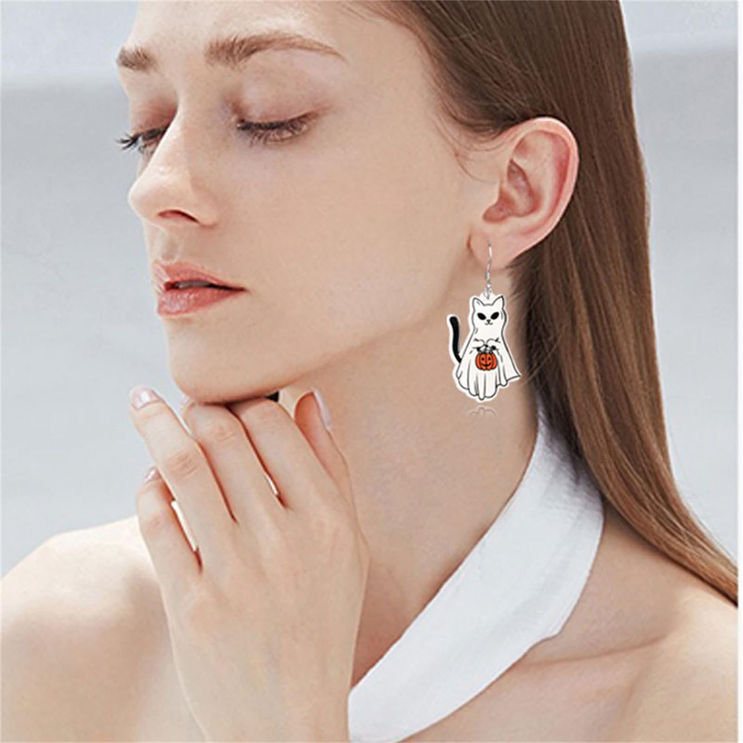 ONLYJUMP Halloween Cute Ghost Pumpkin Earrings - Zinc Drop Dangle Earrings - White Acrylic Rhinestone - Lightweight - French Wire Backing