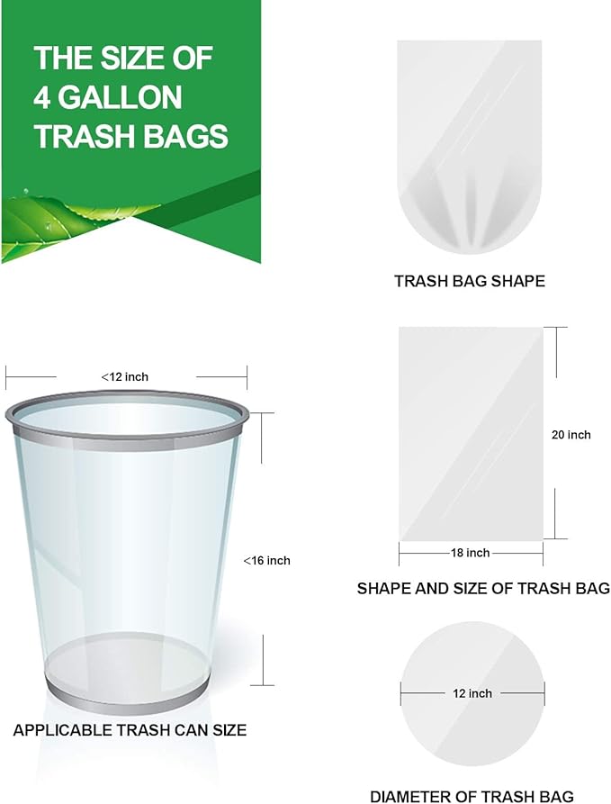 FORID Clear Small Trash Bags, 4 Gallon Garbage Bags, Wastebasket Bin Liners 220 Count Plastic Trash Bags for Bathroom Bedroom Office Garbage Can 15 Liters - Durable & Thick Trash Bag