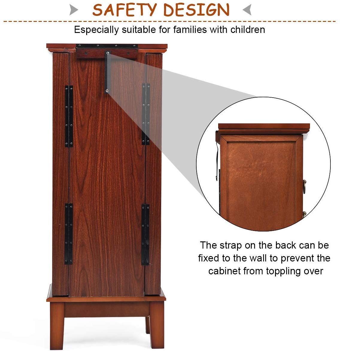 HOMGX 6 Drawers Jewelry Armoire Cabinet, Standing Jewelry Storage Chest with Mirror, 8 Necklace Hooks Wooden Jewelry Organizer, Bedroom Extra Capacity Jewelry Furniture, Walnut