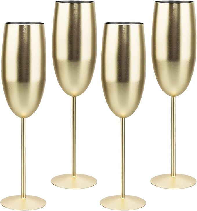 MeowvCraft Champagne Glasses Stainless Steel Set of 4, 8.5oz Champagne Flutes-Elegant Wedding Unbreakable Wine Cups Gifts ...