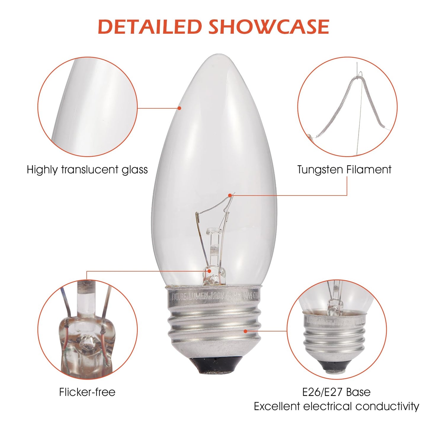 SCOMX 40W Incandescent Equivalent Energy Torpedo Tip Chandelier with Crystal Clear Incandescent Light Bulbs Tip Light Bulb and Medium E26 Candelabra Base (6)