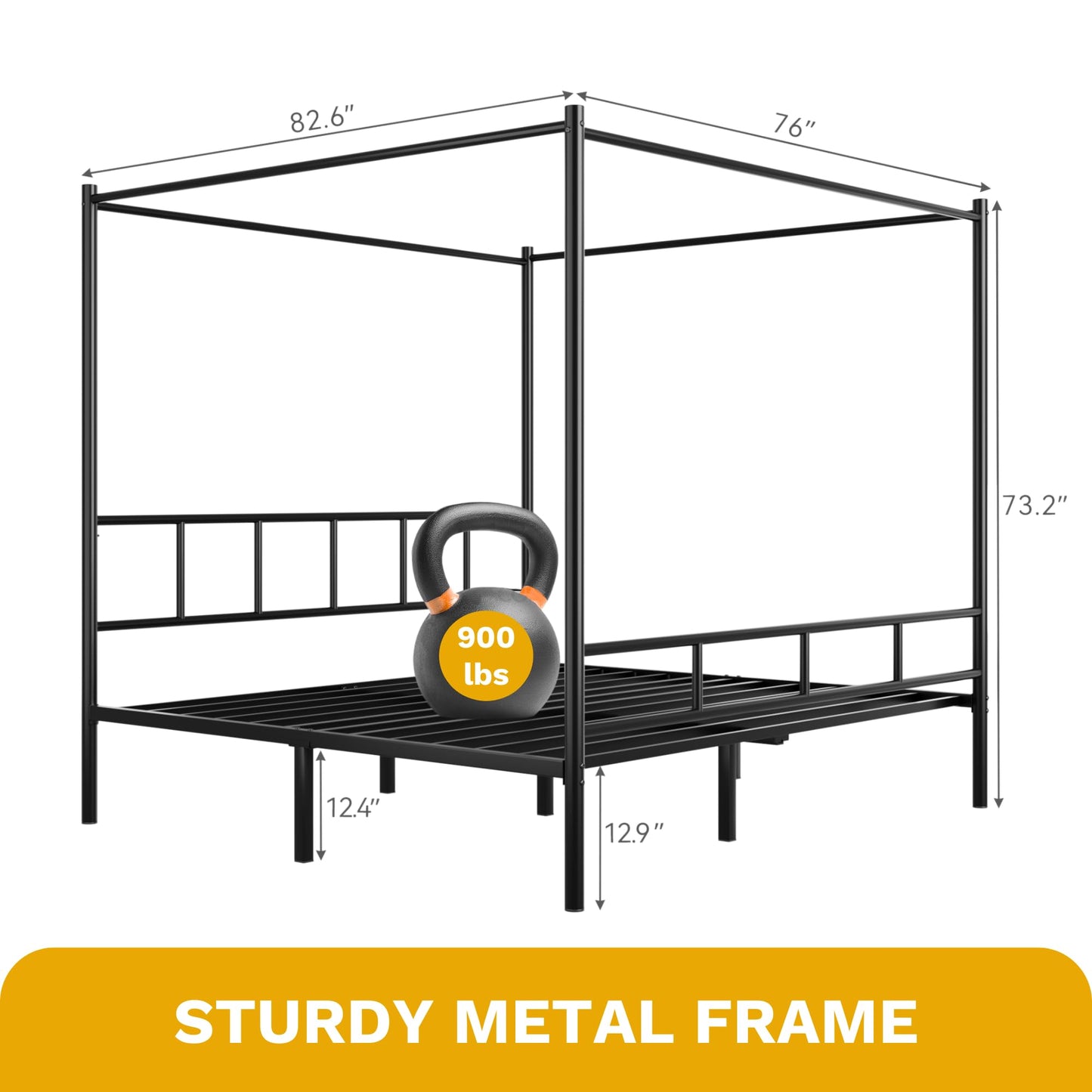 DWVO King Size Canopy Bed Frame, Metal Bed Frame with Four Posters, Heavy Duty Slat Support with Built-in Headboard, No Box Spring Needed, Black
