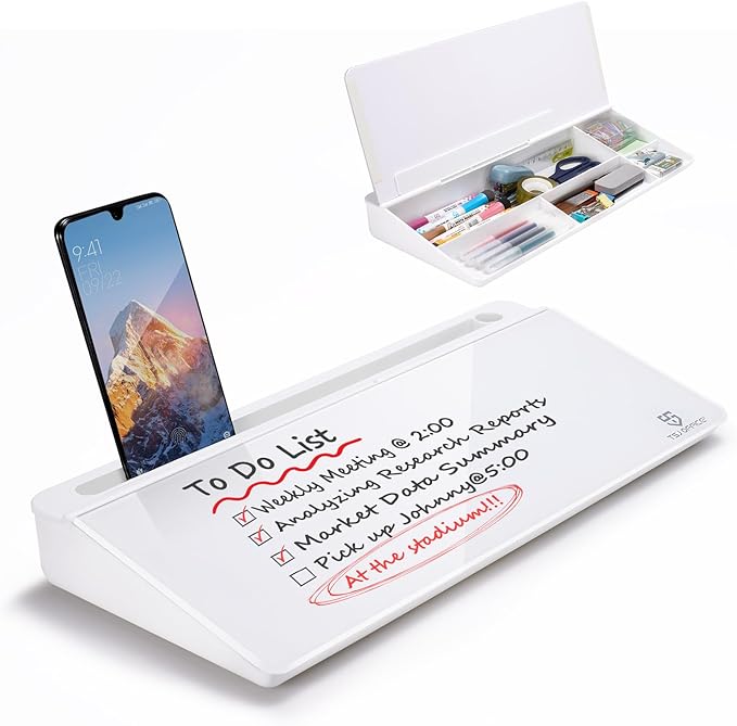 TSJ OFFICE Small Desktop Whiteboard -Glass Dry Erase Board Computer Keyboard Stand White Board Surface Pad with Drawer, De...
