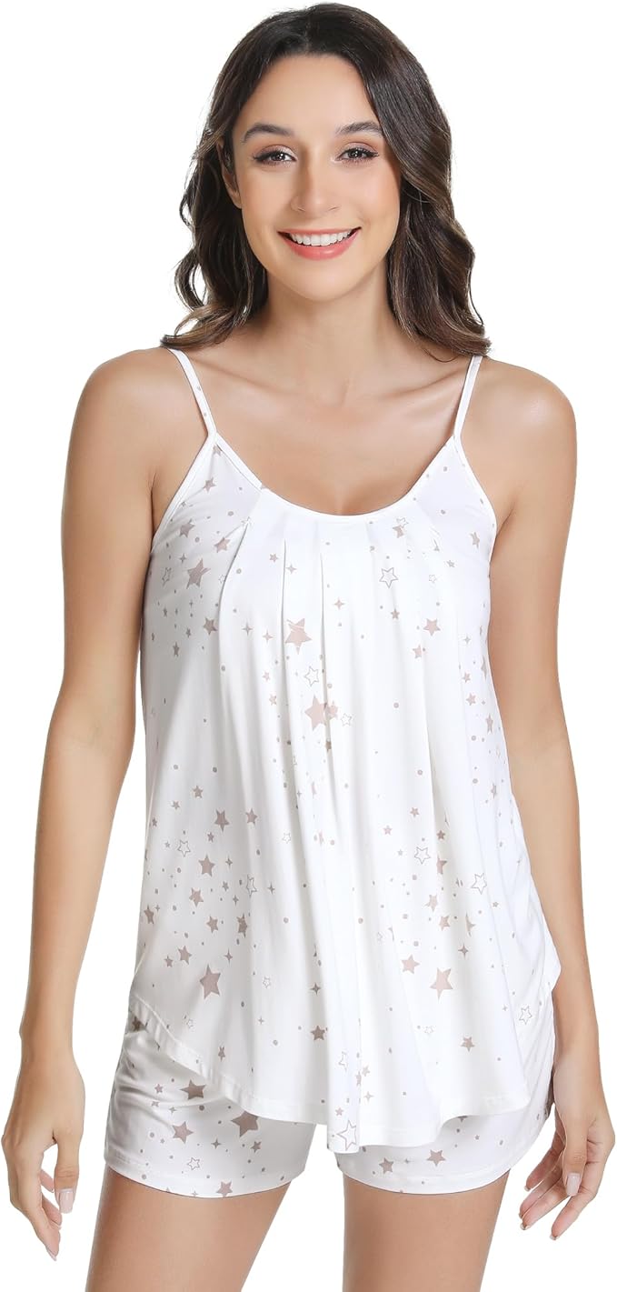 NACHILA Pajamas for Women-Viscose from Bamboo, Ribbed Racerback Tank Top Sexy Split Shorts Pajama Sets Cooling Sleep Cami Pjs