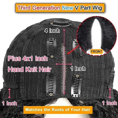 V Part Wig Human Hair Kinky Curly Natural Black 16 Inch | Curly Human Hair Wig Upgrade U Part Human Hair Wigs for Black Women Glueless Wig Wear and Go 180 Density