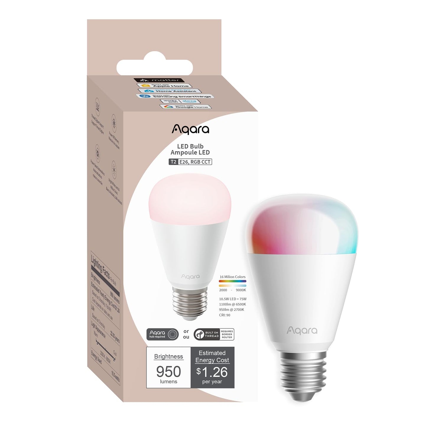Aqara Thread/Zigbee Smart LED Light Bulb T2 E26, Tunable White (2000K-9000K), RGB Color Changing Light Bulb with 16 Million Colors, 75W Equivalent, Matter, Works with HomeKit, Alexa, Google