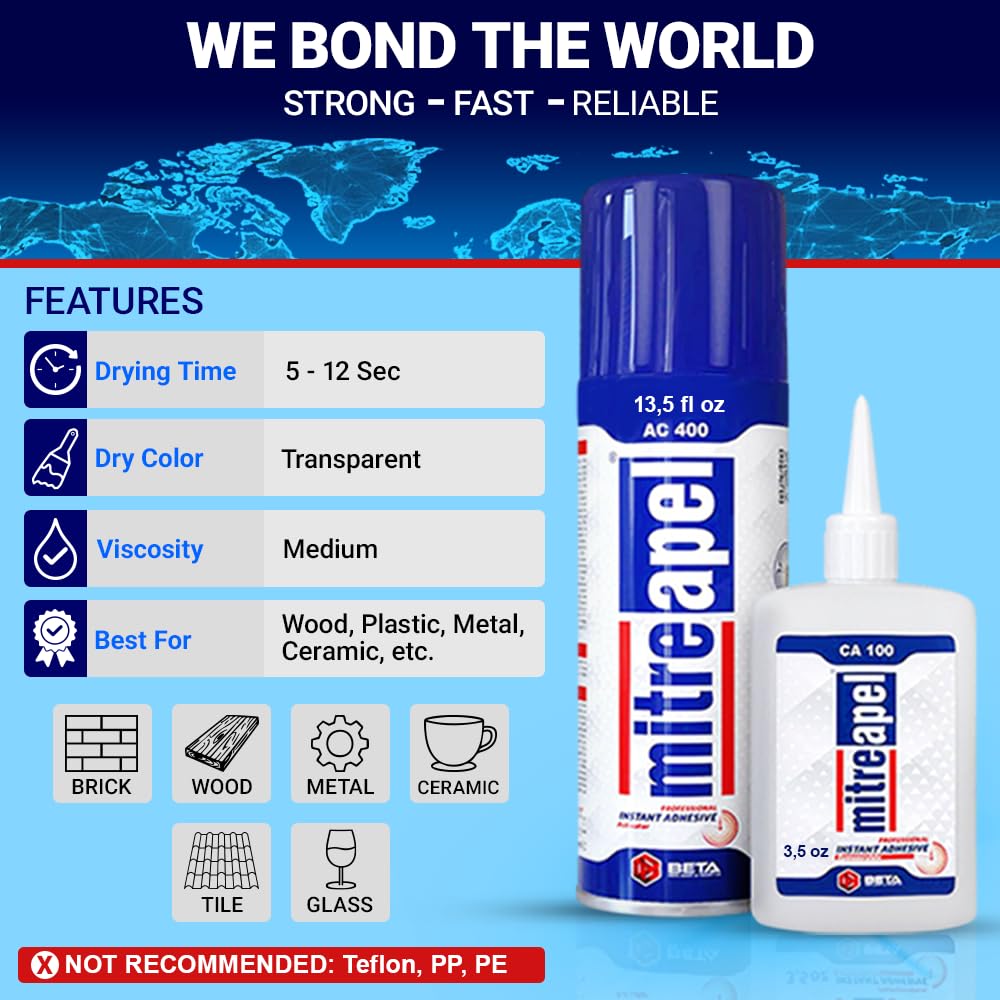 MITREAPEL CA Glue with Activator Kit 2x1.7oz-2x6.76 floz Instant Bond Professional Cyanoacrylate Adhesive and Super Glue Accelerator for Woodworking with Extra Caps&Microtips,DIY&Craft, Plastic,Repair