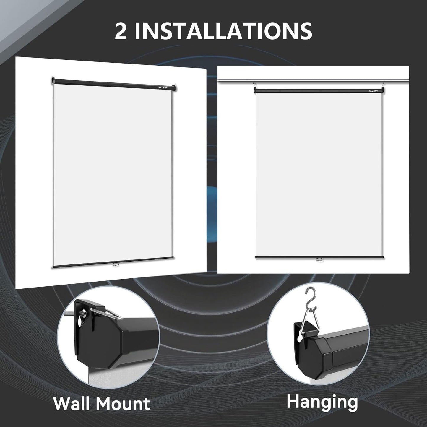 RAUBAY Retractable Pull Down White Screen Backdrop - 59.8" x 86.6" Collapsible Wall-Mount Background for Professional Video Production, Photography, TikTok and Video Conferencing