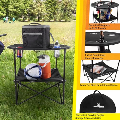Camping Table - 2-Tier Folding Table with 4 Cupholders and Carry Bag for Picnic, Tailgate, Beach, or Camp - Camping Gear b...