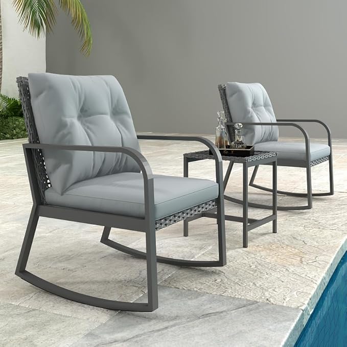 HLNPTN 3 Piece Rocking Bistro Patio Set, Outdoor Rocking Chair, Outdoor Bistro Sets Wicker Patio Furniture Rocking Chairs Sectional Couch with Tempered Glass Top Coffee Table & Cushions, Grey