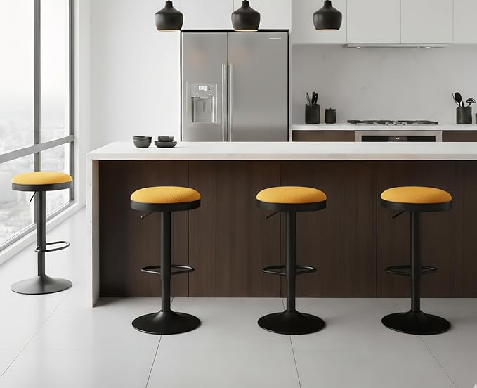EALSON Modern Swivel Bar Stools Set of 4 Adjustable Counter Height Backless Barstools with Metal Base Fabric Upholstered Round Bar Stool Chairs for Kitchen Island/Pub/Breakfast Bar, Yellow