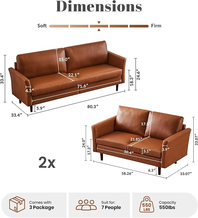 Kingfun Living Room Furniture Sets, 3 Seater Sofa, Loveseat and Loveseat, Mid Century Modern Sofa Set, Faux Leather Couch with Solid Wood Frame for Living Room & Bedroom, Chestnut