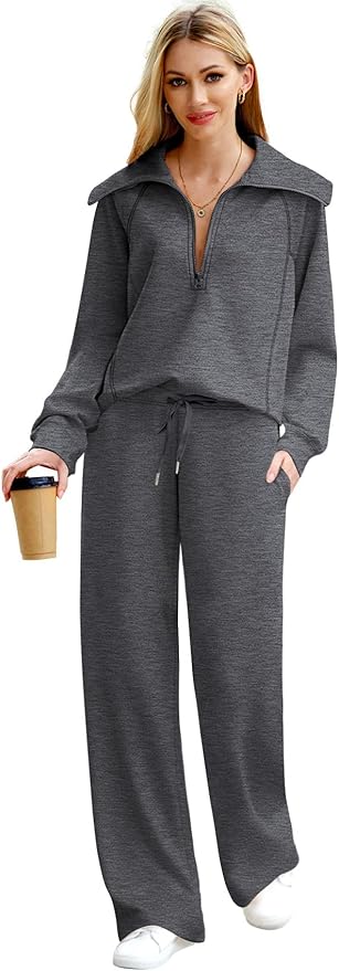 XIEERDUO Lounge Sets For Women 2025 Half Zip Sweatshirt And Wide Leg Sweatpant 2 Piece Outfits Sweatsuit Tracksuit