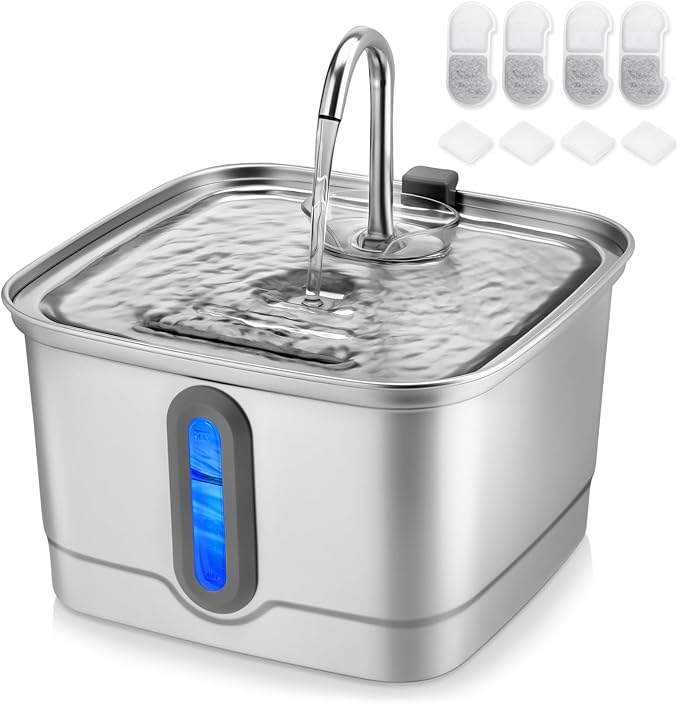 SEIRMEP Stainless Steel Cat Water Fountain, 101oz/3L Automatic Pet Water Fountain, Dog Water Fountain with Replacement Fil...