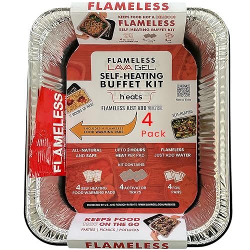 Lava Gel Self-Heating Buffet Kit – Flameless Food Warmer Set for Parties – Includes 4 Trays, 4 Half-Size Heat Pads & Foil ...