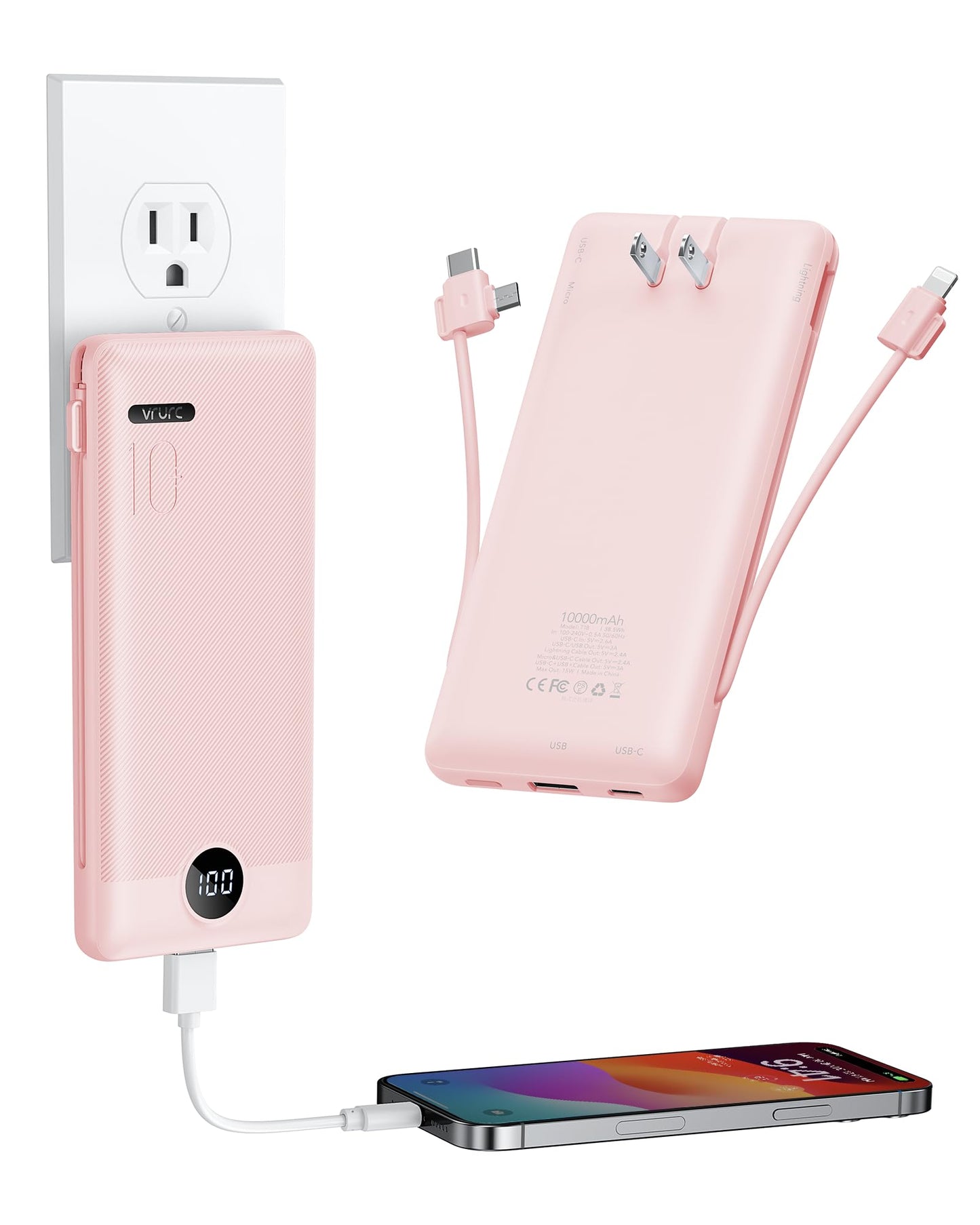 Vrurc Portable Charger Power Bank With Wall Plug, 10000Mah Portable Charger With Built In Cables, Pd 20W Fast Charging Portable