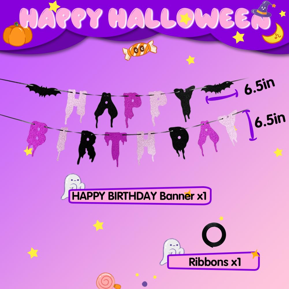 Happy Birthday & Halloween Banner - Pink, Purple, Glitter - Girl 1st Birthday Party Decorations with Spooky Bats