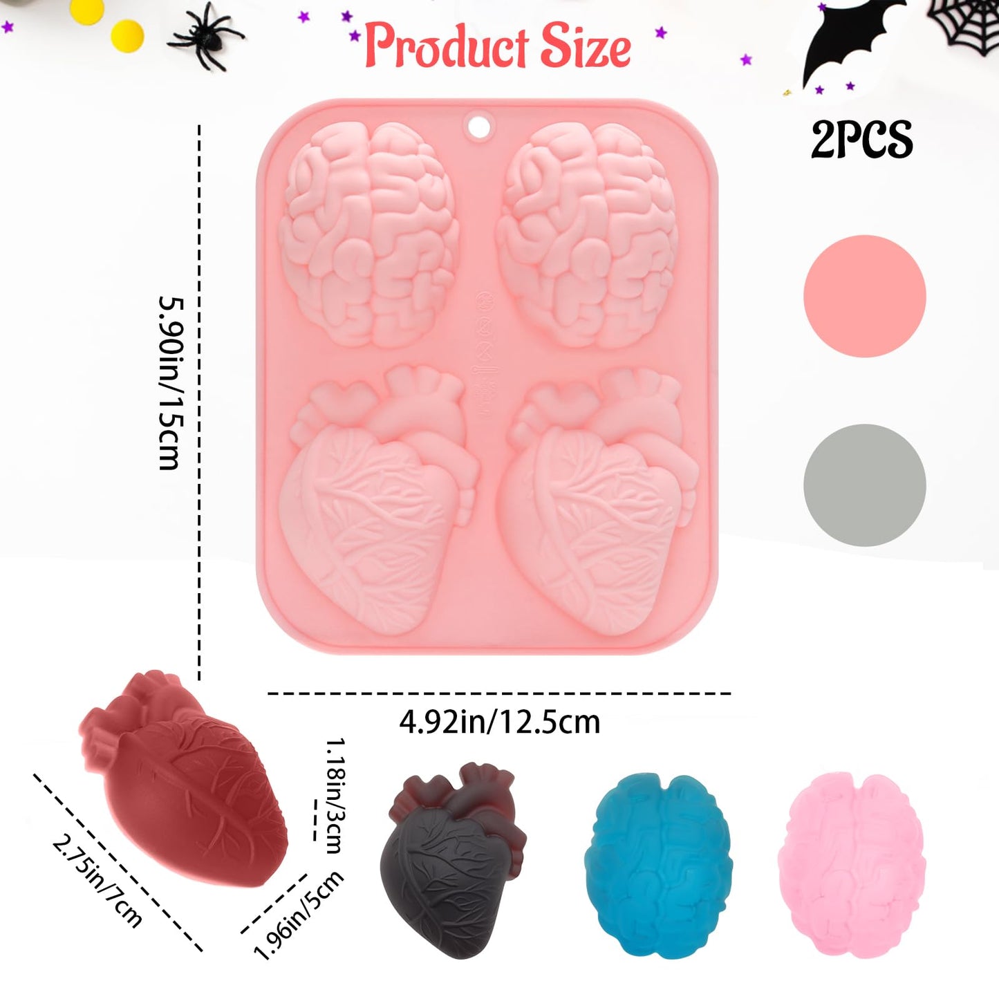 HOMQYTE Silicone Ice Cube Trays 2PCS Brain Skull RIP Gravestone Mold for Ice, Candy, Cake, Soap, Chocolate, Halloween (Pink&Gray, 2P Brain Heart)