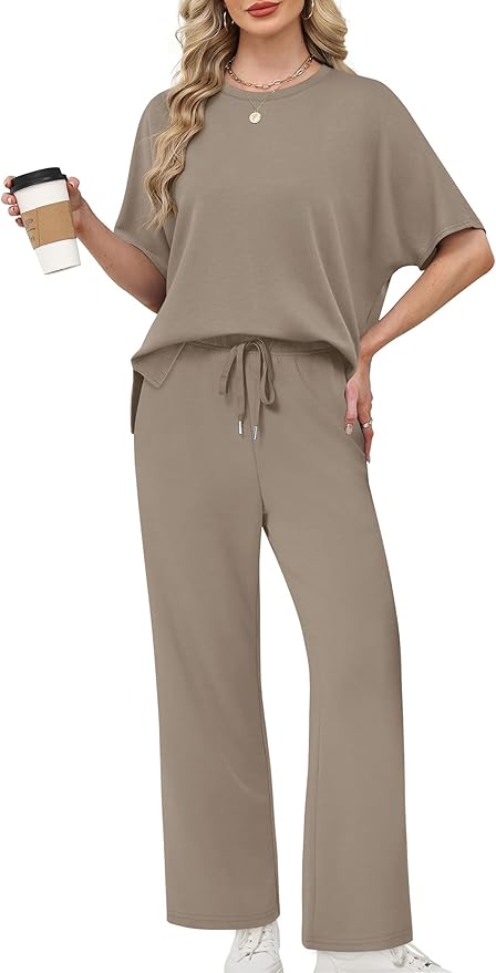 XIEERDUO Women's Side Slit Lounge Sets 2 Piece Travel Outfits Airport Tracksuit Oversized Wide Leg Loungewear S-3XL