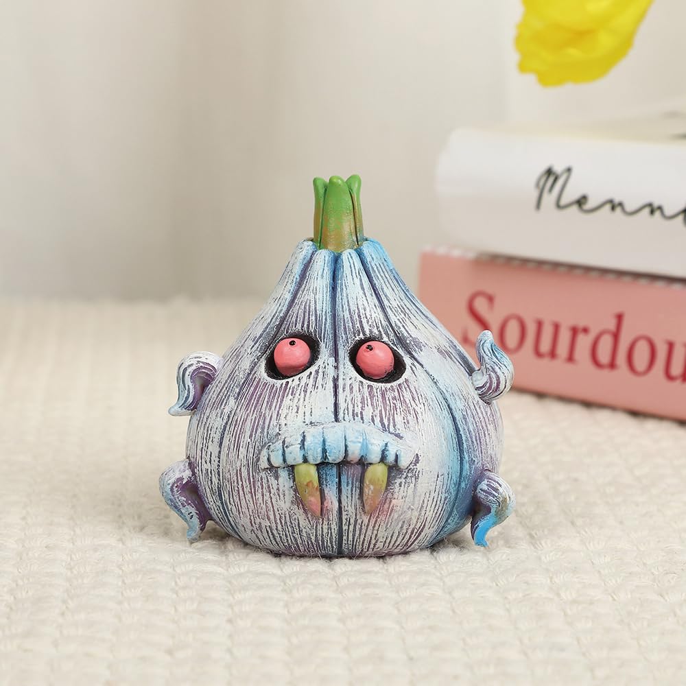 Halloween Blue-Eyed Ghost, Mini Blue Ghost Porch Decoration, Vampire Garlic Home Decoration, Resin Vampire Sculpture, Ghost Night Festival Gift Statue (Witch Hat+Vampire Garlic) (Garlic vampire)
