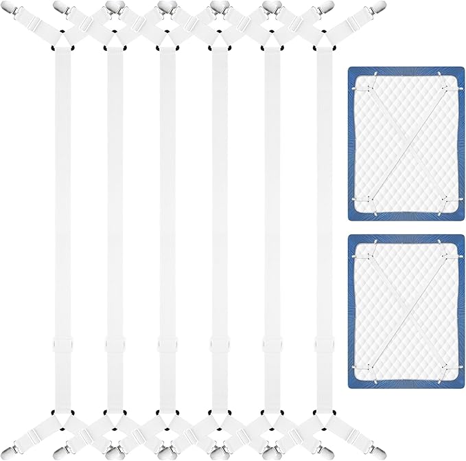 CHRORINE Bed Sheet Holder Straps Adjustable Sheet Fasteners Clips Keep Bedding Stays in Place, 6 Pcs/Set, White