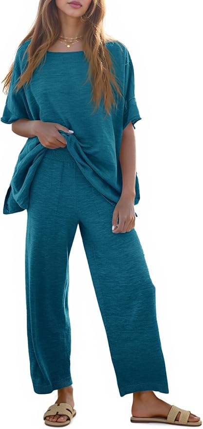 Tankaneo Women's 2 Piece Travel Outfits Casual Short Sleeve Knit Sweater Set Wide Leg Pants Lounge Sets Tracksuit
