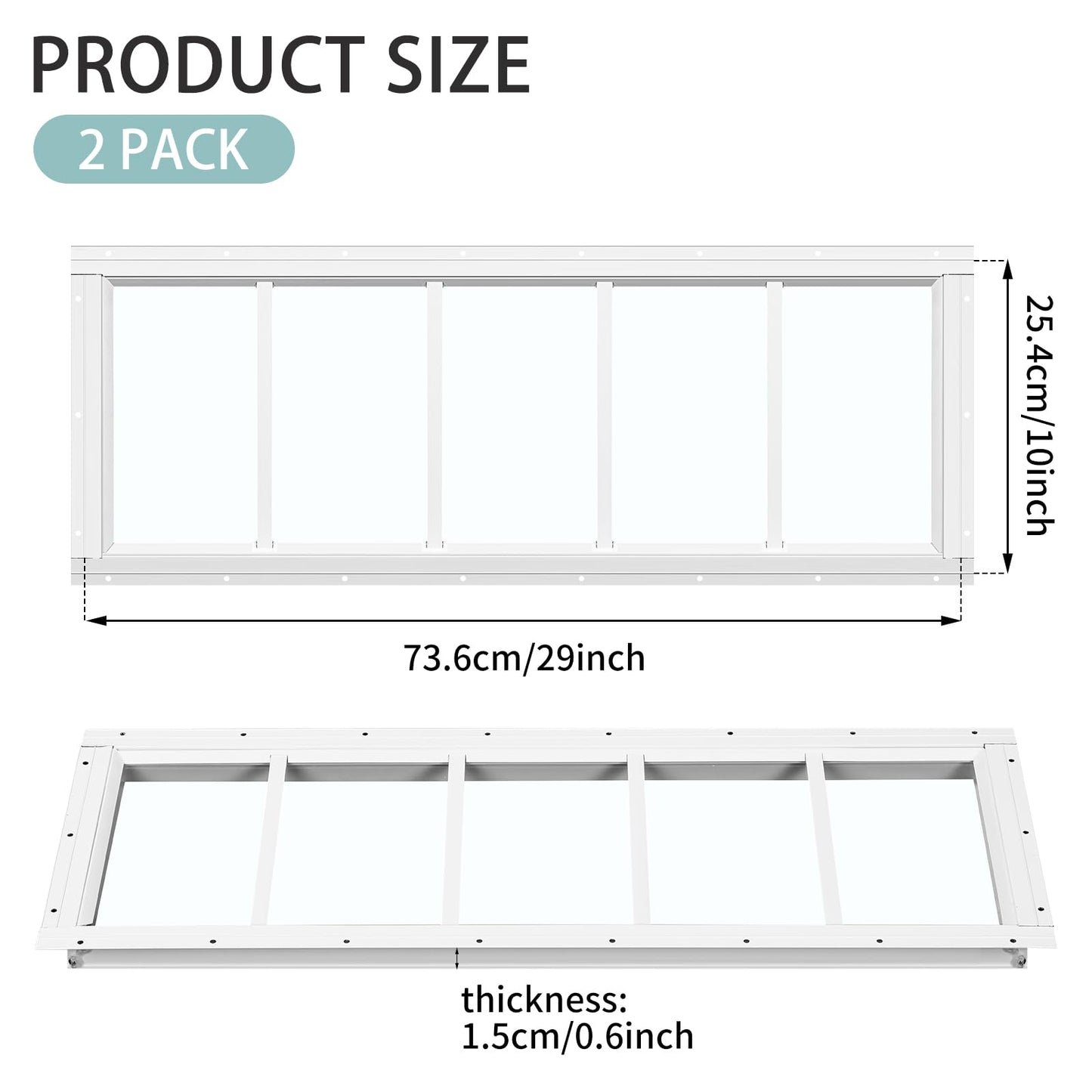 Tandefio 2 Pack 10'' x 29'' White Flush Mount Shed Transom Window with Tempered Glass Household Windows with Screws for Chicken Coop Sheds Barns Playhouse