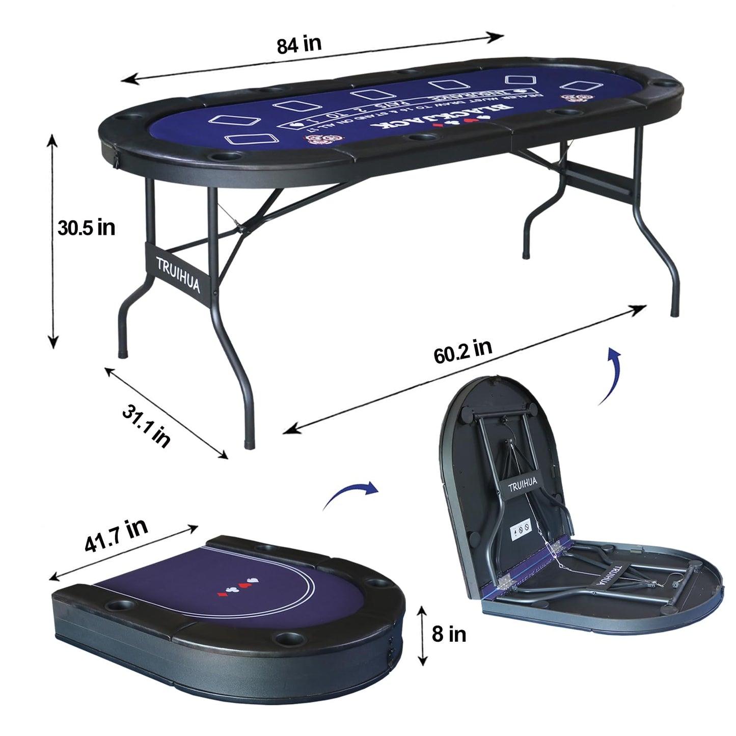 8 Player Folding Poker Table with 2 Interchangeable Game mats, Texas Holdem Poker and Blackjack, Collapsible Casino Table with Padded Rails and XXL Cup Holders for Wine and Whiskey Glasses (71 inch)