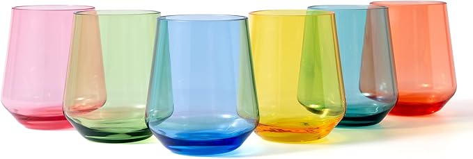 KX-WARE Unbreakable 16-ounce Acrylic Stemless Wine Glasses All Purpose Plastic Tumbler, set of 6 Multicolor Dishwasher Saf...