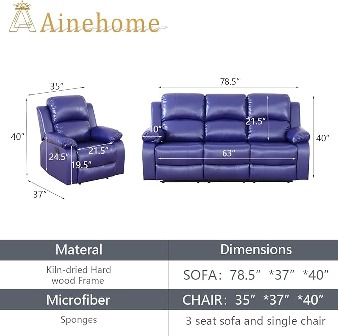 A Ainehome Living Room Furniture Set Leather Recliner Sofa Set Loveseat Chair Furniture Sofa Set for Living Room/Small Space/Rv/House/Office/Theater Seating (A-Blue Leather, Sofa+Chairs)