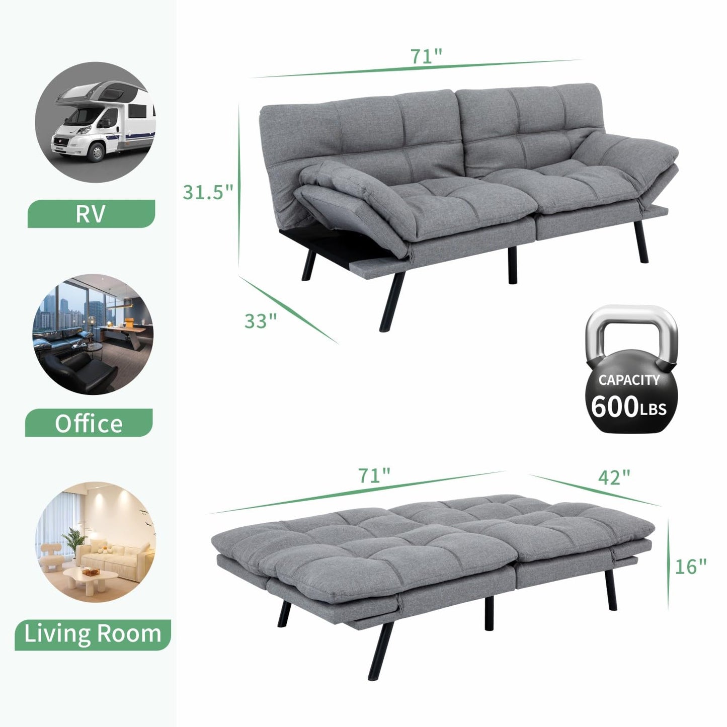 MUUEGM 71" Futon Sofa Bed, Convertible Couch Filled with Memory Foam, Modern Loveseat with Adjustable Backrest&Armrest, Sofas for Living Room,Game Room,Dormitory,Office.Light Grey Fabric