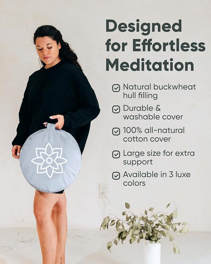 Mindful Modern Large Meditation Cushion for Zafu Yoga - Meditation Pillow for Sitting on The Floor - Buckwheat Hull Filled Yoga Cushion with Removable, Washable 100% Cotton Cover and Carry Handle