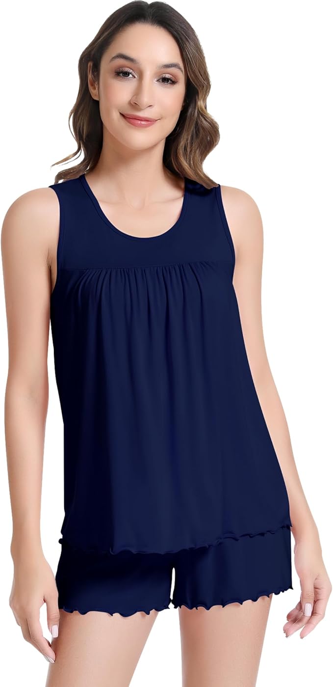 NACHILA Pajamas for Women-Viscose from Bamboo, Ribbed Racerback Tank Top Sexy Split Shorts Pajama Sets Cooling Sleep Cami Pjs