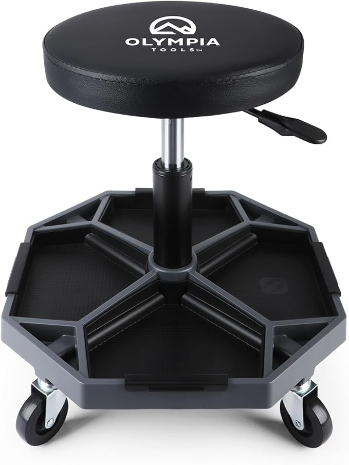Olympia Tools Adjustable Hydraulic Rolling Mechanics Stool with with Removable Tool Tray, 300lbs Max Weight Capacity, 419-110-1002