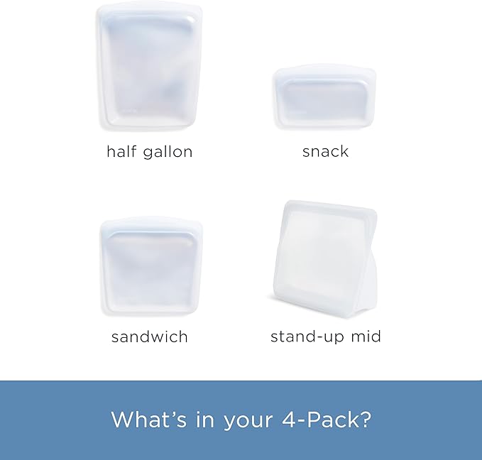 Stasher Silicone Reusable Storage Bags, 4-Pack, Reusable Freezer Bags, Microwave, Dishwasher, Oven Safe, Sous Vide, Premium Lunch Containers, Eco Friendly, Food Storage Bags, Snack Bags, Clear