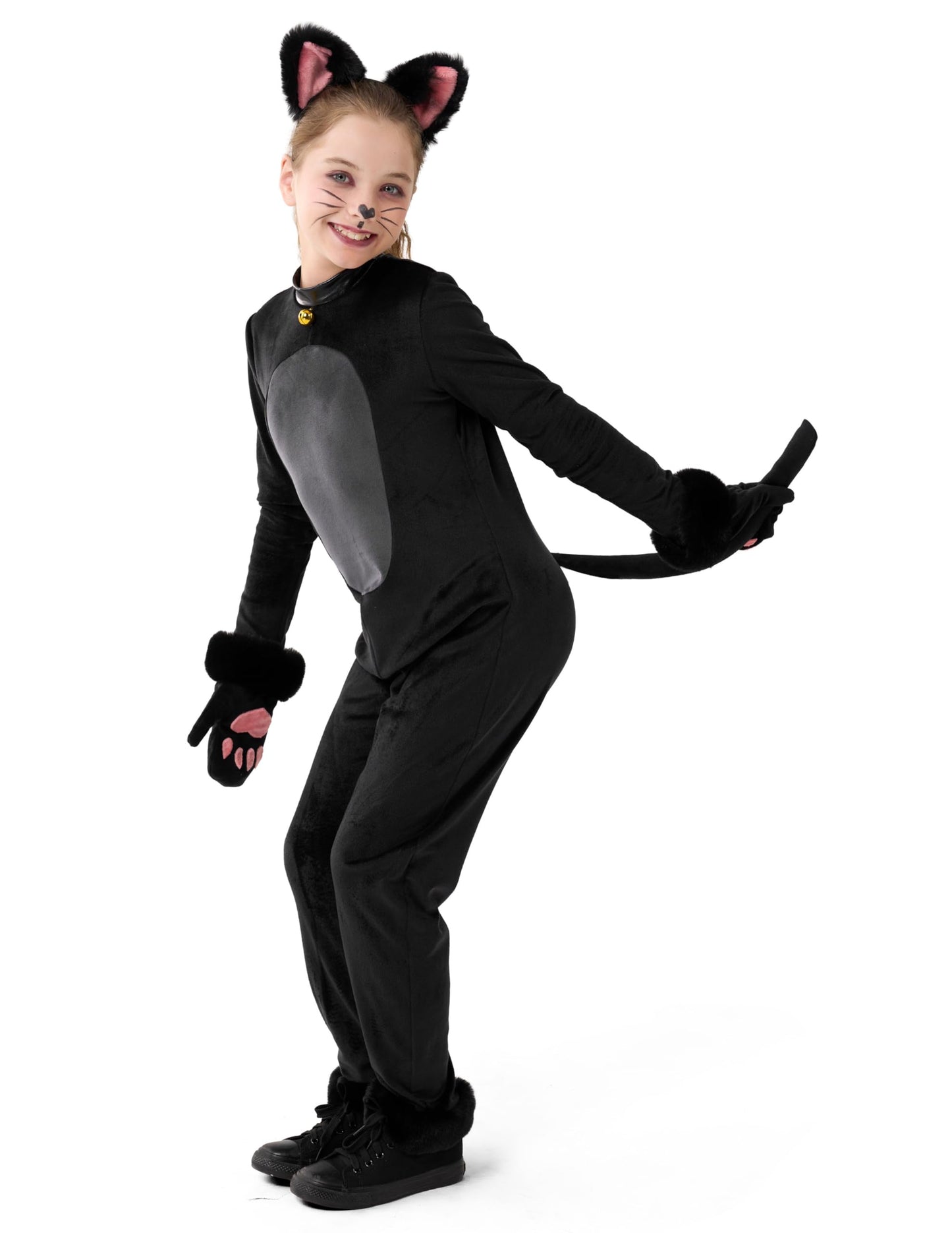 Spooktacular Creations Girls Cat Costume, Black Cat Plush Costume, Child Outfit Set with Tail Headband Gloves for Kids Halloween Role Play Themed Parties, M