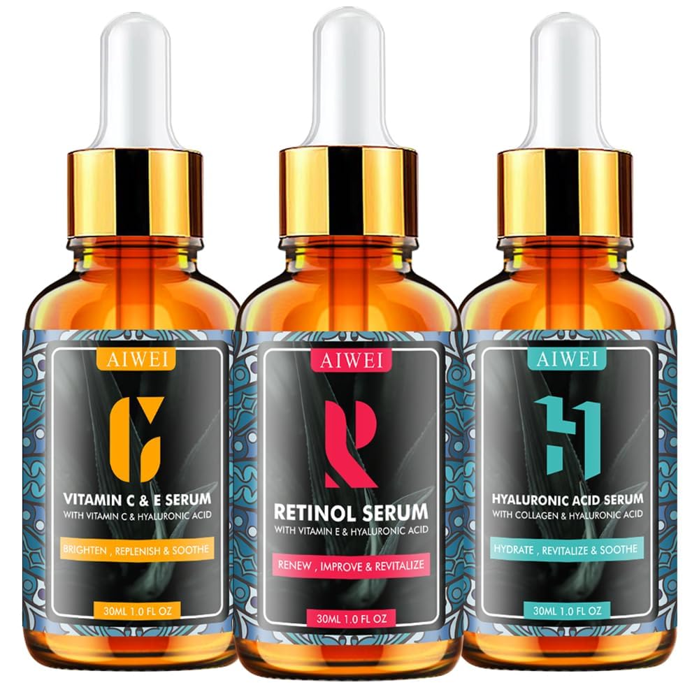 Aiwei Facial Serum Set - Includes Vitamin C, Retinol & Hyaluronic Acid - Improve Skin Texture, Glow & Hydration - Day and Night