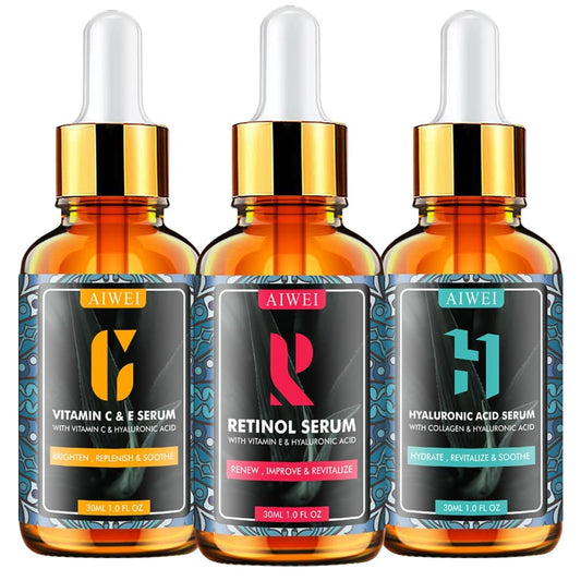 Aiwei Facial Serum Set - Includes Vitamin C, Retinol & Hyaluronic Acid - Improve Skin Texture, Glow & Hydration - Day and Night